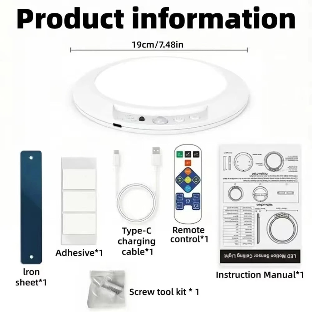 Motion Sensor Ceiling Light Usb Type-c Rechargeable Magnetic Lamp Wireless Wall Lamp Remote Led Night Light For Kitchen Coatroom