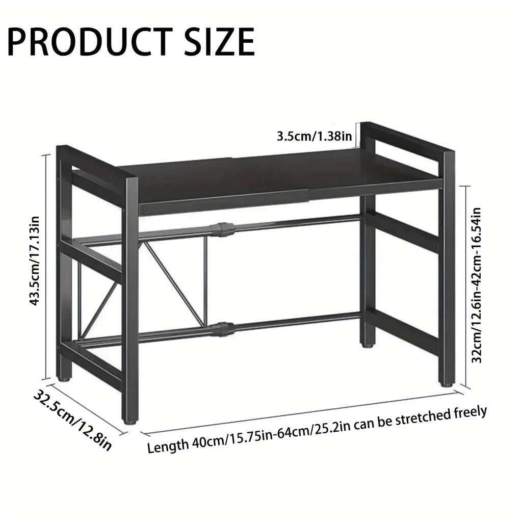 Expandable Microwave Shelf, Microwave Holder with 6 Hooks, Kitchen Storage Rack, Microwave Baking Rack, Extendable 40-64cm