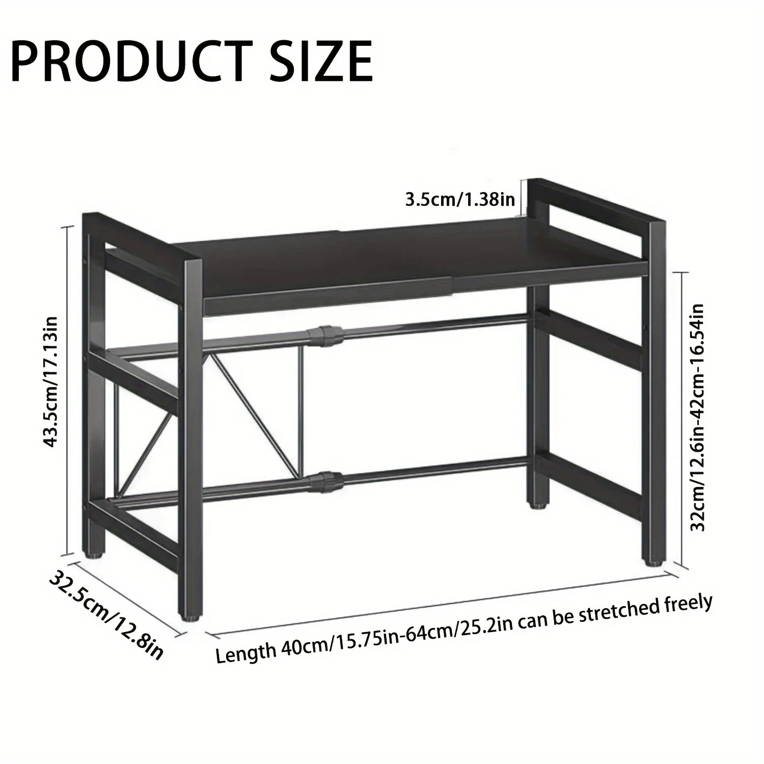 Expandable Microwave Shelf, Microwave Holder with 6 Hooks, Kitchen Storage Rack, Microwave Baking Rack, Extendable 40-64cm